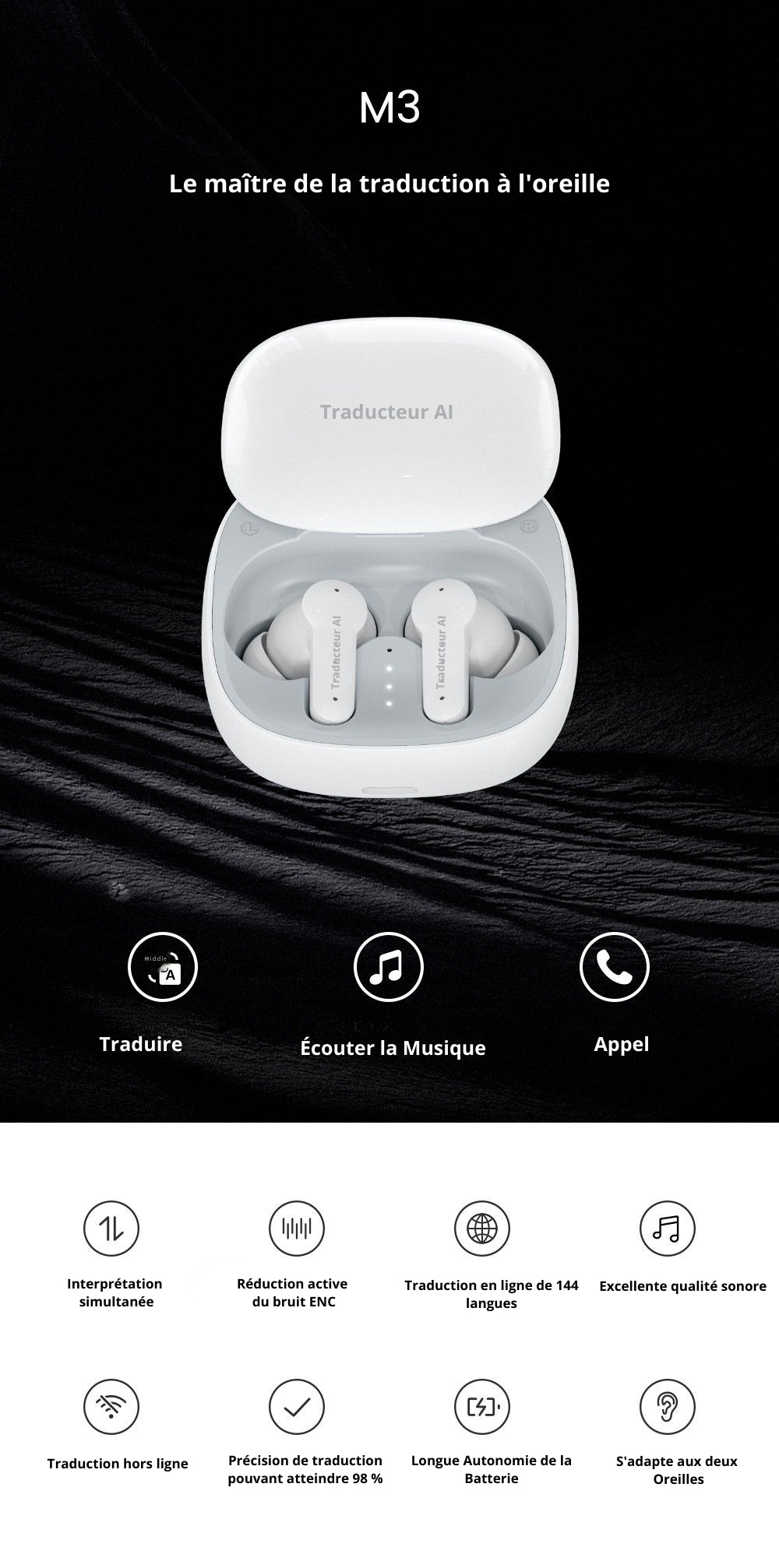 Traducteurs-écouteurs AI M3 Bluetooth intelligent prenant en charge 144 langues