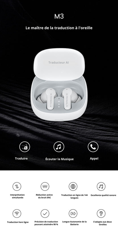 Traducteurs-écouteurs AI M3 Bluetooth intelligent prenant en charge 144 langues